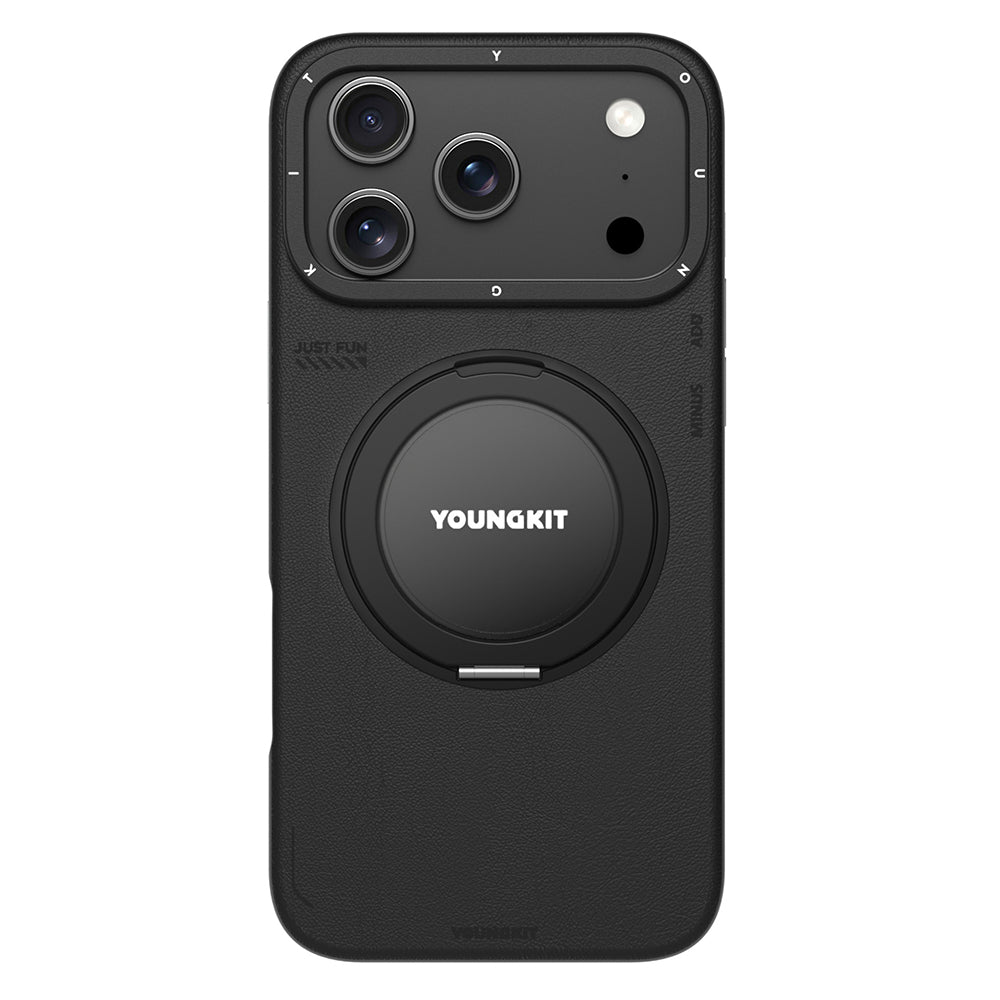 Apple iPhone 17 Pro Kılıf M-safe Şarj Özellikli 360 Derece Standlı Basit Mat Deri Desenli Youngkit Tech Leather Serisi Kapak Gri