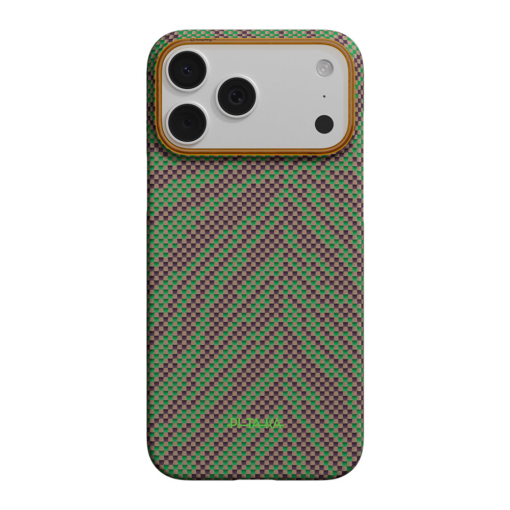 Apple iPhone 17 Pro Kılıf M-safe Şarj Özellikli Aramid Fiber Pitaka Breath of Veins Serisi Kapak Yeşil-Mor