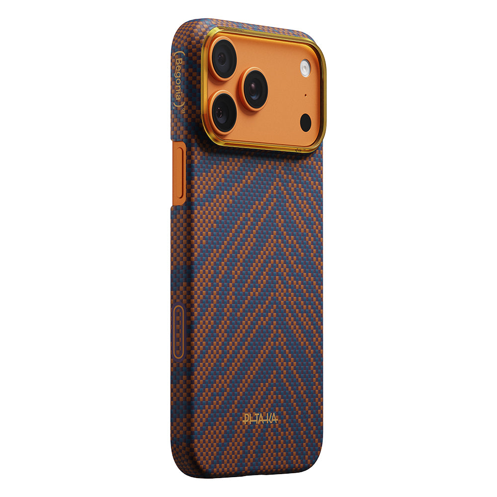 Apple iPhone 17 Pro Kılıf M-safe Şarj Özellikli Aramid Fiber Pitaka Breath of Veins Serisi Kapak Turuncu-Lacivert