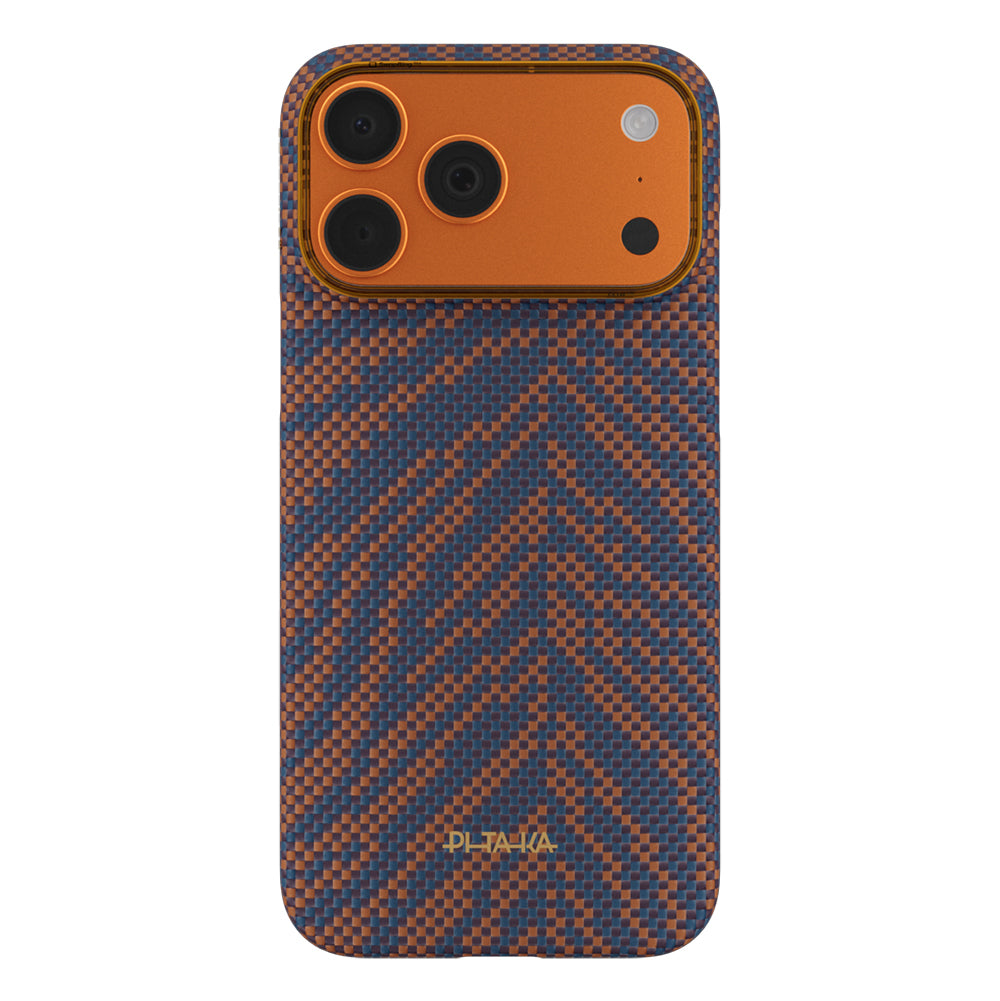 Apple iPhone 17 Pro Kılıf M-safe Şarj Özellikli Aramid Fiber Pitaka Breath of Veins Serisi Kapak Turuncu-Lacivert