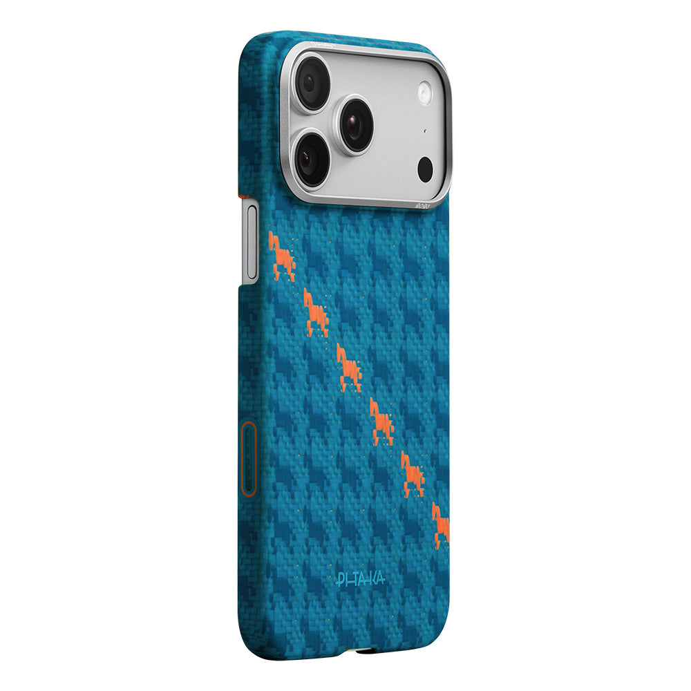 Apple iPhone 17 Pro Kılıf M-safe Şarj Özellikli Aramid Fiber Pitaka Edge Serisi Happiness Rides Kapak Mavi