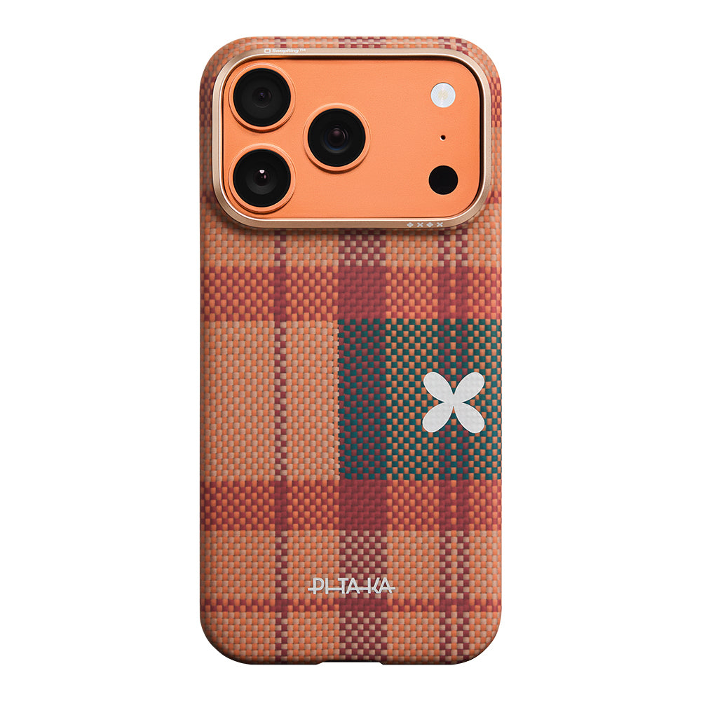 Apple iPhone 17 Pro Kılıf M-safe Şarj Özellikli Aramid Fiber Pitaka Flora in Grid Serisi Kapak Kahverengi