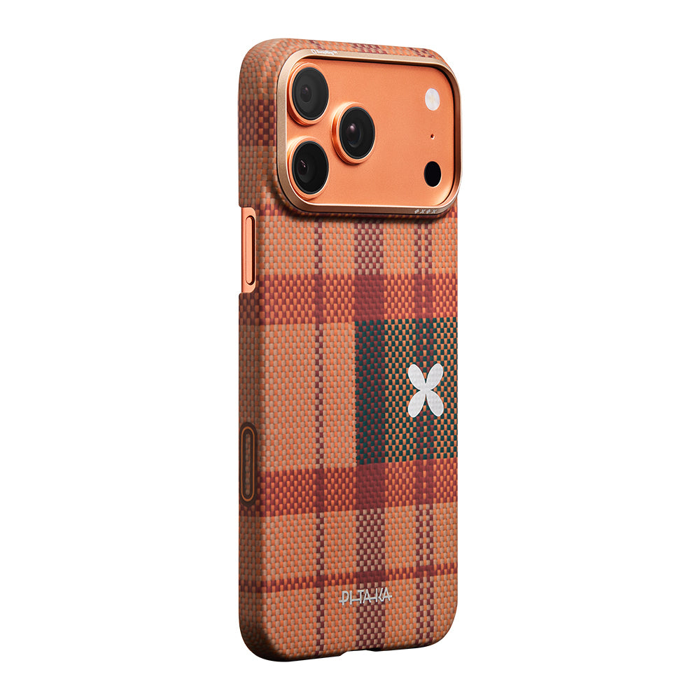 Apple iPhone 17 Pro Kılıf M-safe Şarj Özellikli Aramid Fiber Pitaka Flora in Grid Serisi Kapak Kahverengi