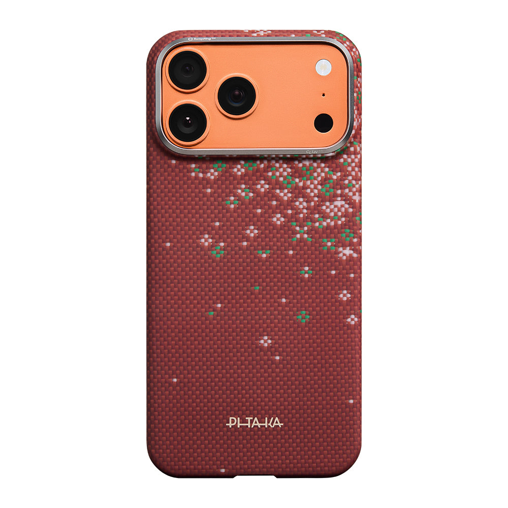 Apple iPhone 17 Pro Kılıf M-safe Şarj Özellikli Aramid Karbon Fiber Pitaka Sakura Hours Serisi Kapak Kırmızı
