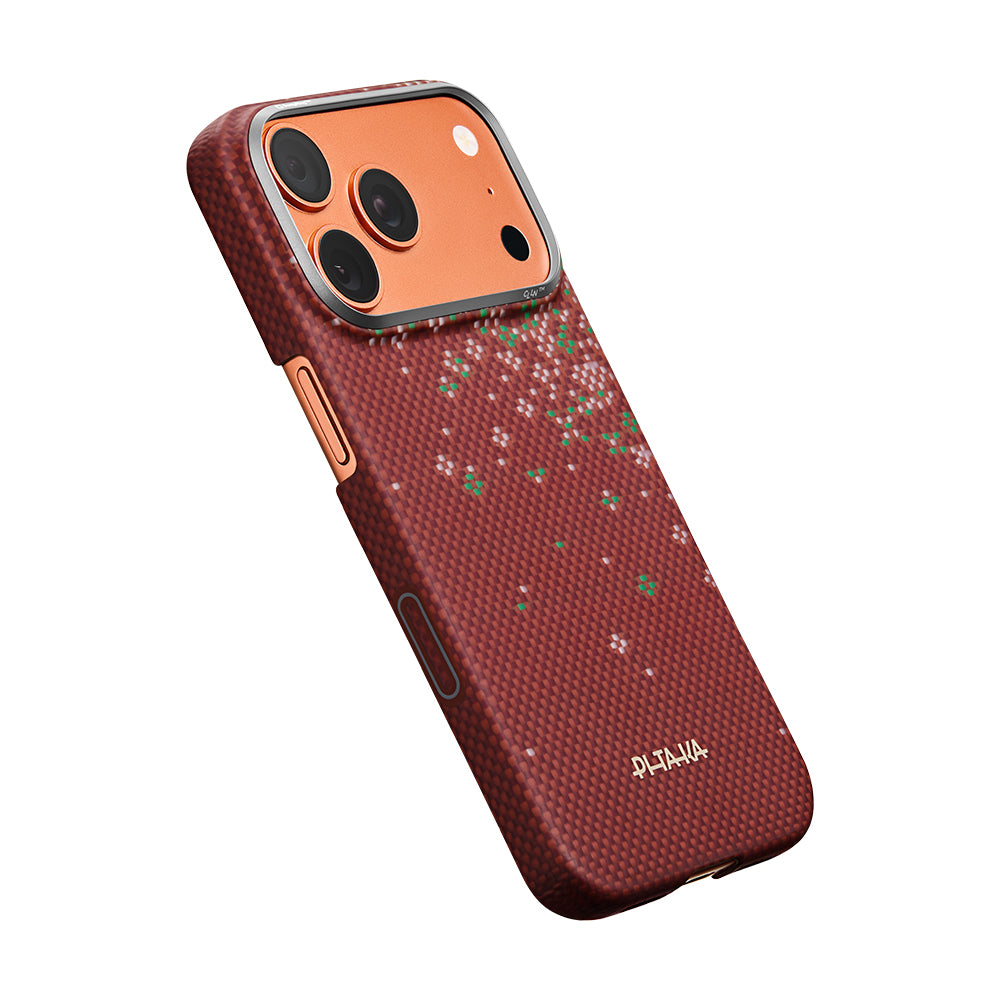 Apple iPhone 17 Pro Kılıf M-safe Şarj Özellikli Aramid Karbon Fiber Pitaka Sakura Hours Serisi Kapak Kırmızı
