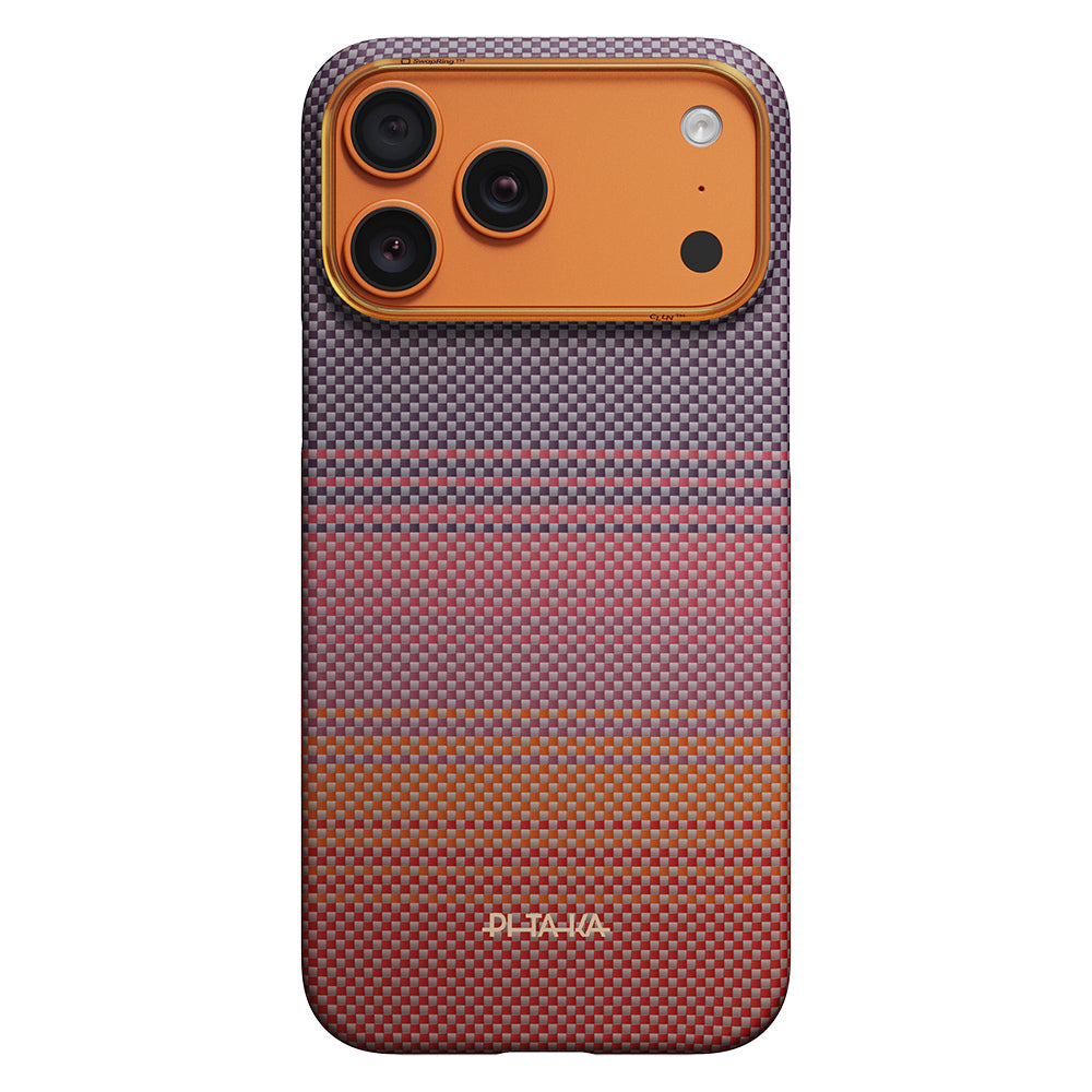 Apple iPhone 17 Pro Kılıf M-safe Şarj Özellikli Aramid Karbon Fiber Pitaka Sunset 2.0 California Dream Serisi Kapak Turuncu-Kırmızı