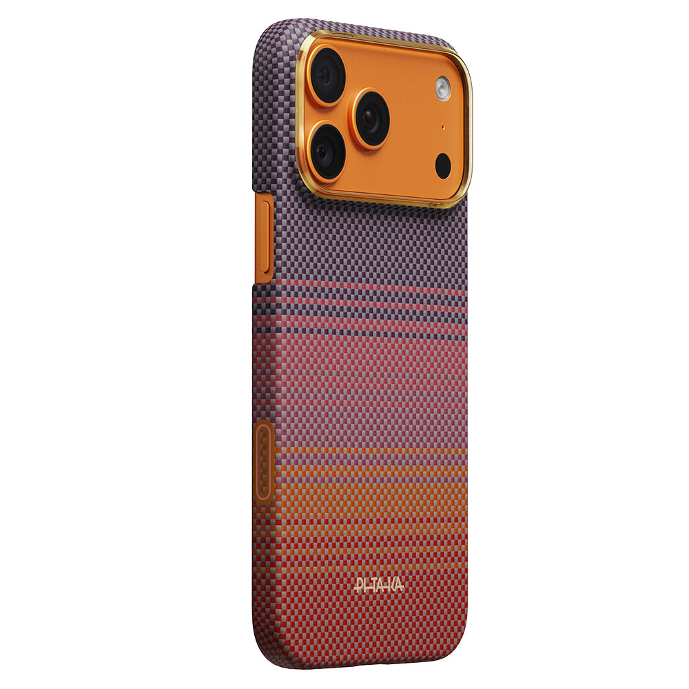 Apple iPhone 17 Pro Kılıf M-safe Şarj Özellikli Aramid Karbon Fiber Pitaka Sunset 2.0 California Dream Serisi Kapak Turuncu-Kırmızı