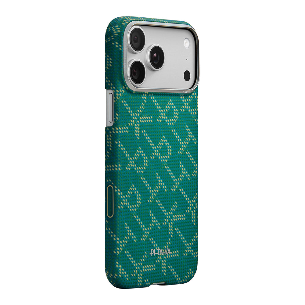 Apple iPhone 17 Pro Kılıf M-safe Şarj Özellikli Aramid Fiber Pitaka Tactile Woven Monogram Serisi Kapak Yeşil