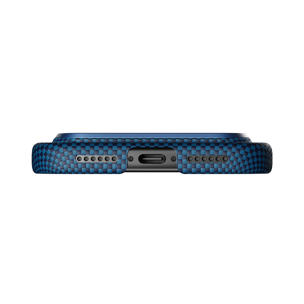 Apple iPhone 17 Pro Kılıf M-safe Şarj Özellikli Aramid Fiber Pitaka Tactile Woven Sunset-Moonrise Serisi Kapak Mavi