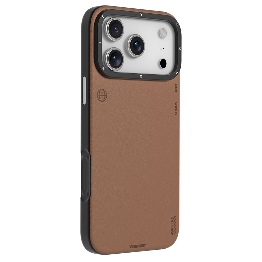 Apple iPhone 17 Pro Kılıf M-safe Şarj Özellikli Basit Mat Deri Desenli Youngkit Tech Fashion Serisi Kapak Kahverengi