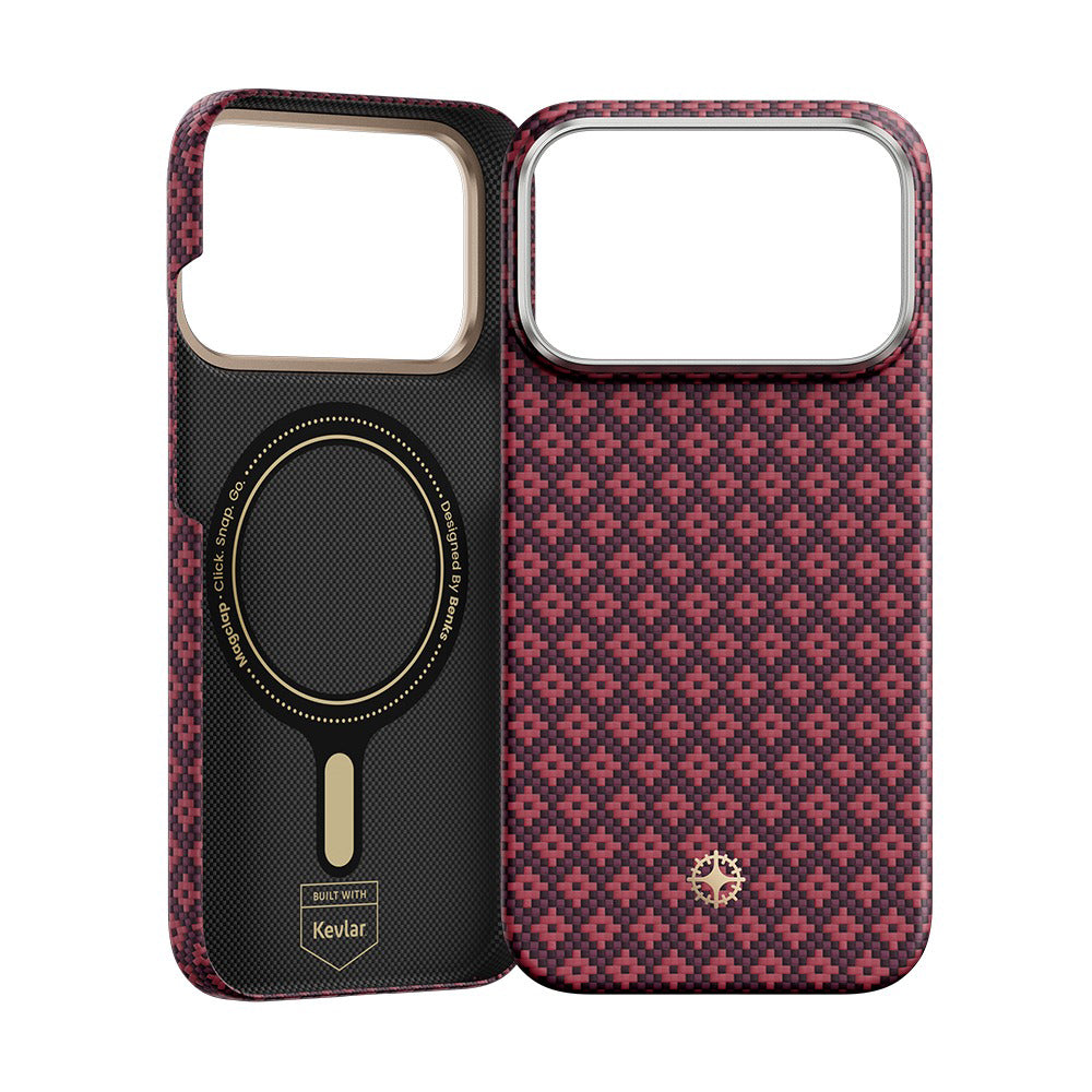 Apple iPhone 17 Pro Kılıf M-Safe Şarj Özellikli Benks ArmorAir ArmorGrid Serisi C1 Kevlar Karbon Kapak Bordo