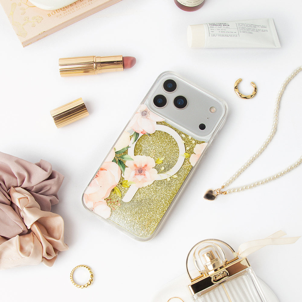 Apple iPhone 17 Pro Kılıf M-safe Şarj Özellikli Çiçek Desenli Simli Arka Yüzey Coehl Fleurette Kapak Gold