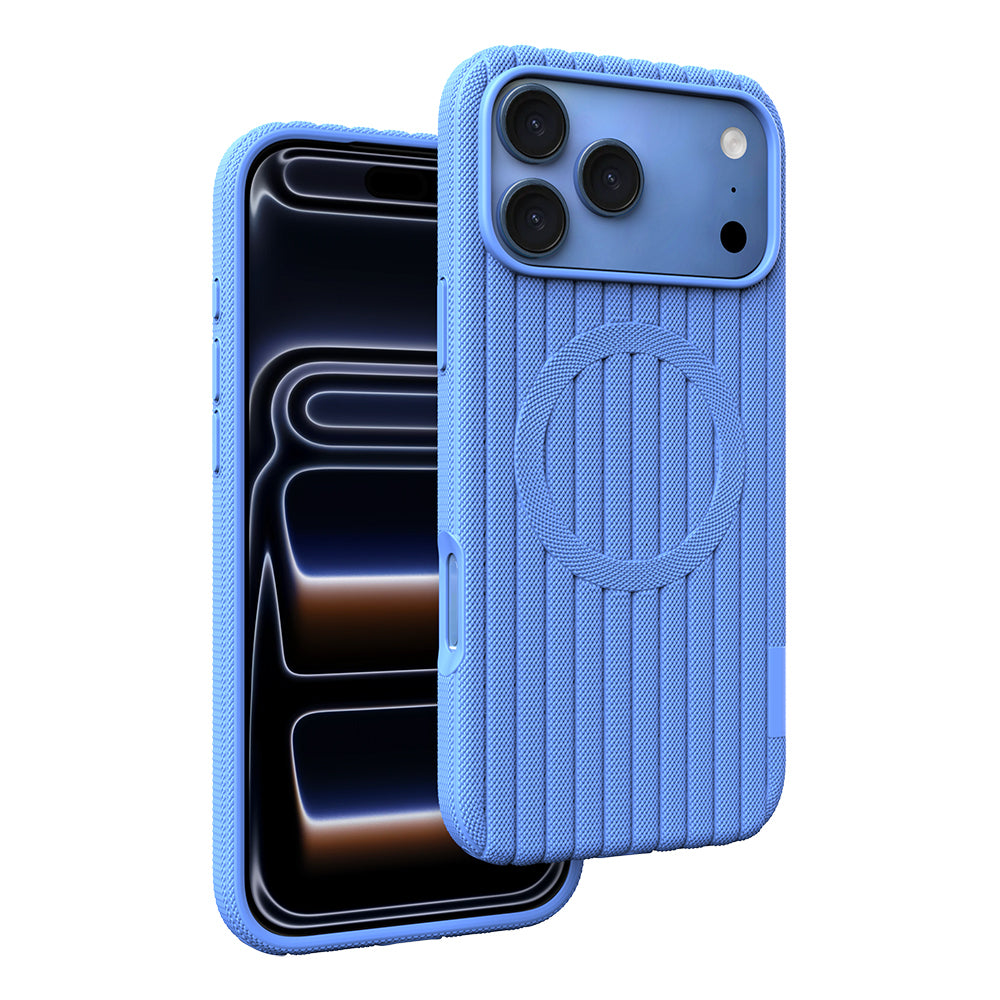 Apple iPhone 17 Pro Kılıf M-Safe Şarj Özellikli Çizgi Desenli Kumaş Dokulu Zore Paris Lorin Kapak Açık Mavi