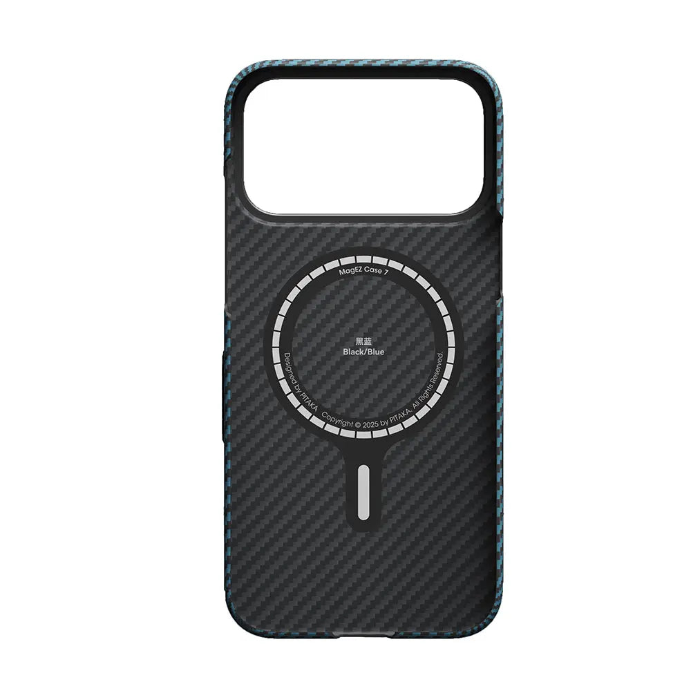 Apple iPhone 17 Pro Kılıf M-Safe Şarj Özellikli Kamera Kontrol Butonlu Aramid Fiber Pitaka Ultra-Slim Kapak Siyah-Mavi