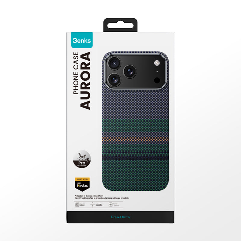 Apple iPhone 17 Pro Kılıf M-safe Şarj Özellikli Karbon Fiber Tasarımlı Benks Aurora ArmorPro Kevlar Kapak Yeşil