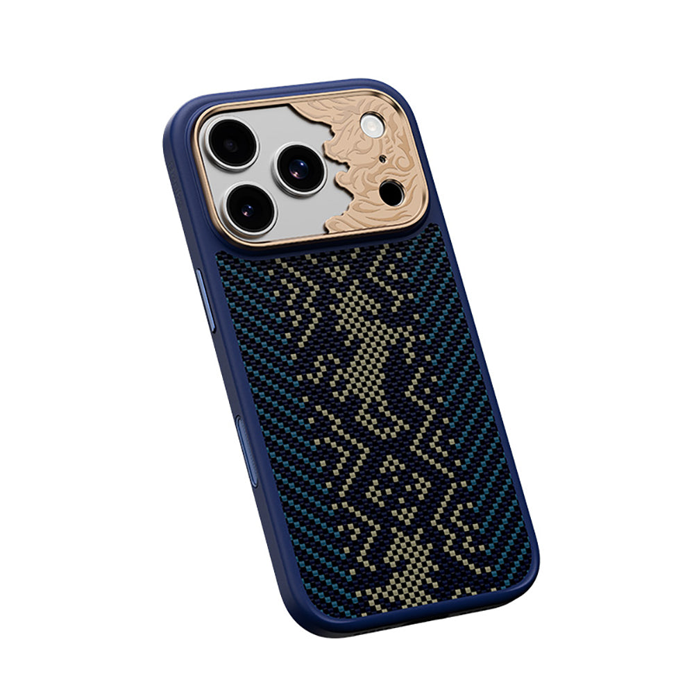 Apple iPhone 17 Pro Kılıf M-safe Şarj Özellikli Karbon Fiber Tasarımlı Benks Knight ArmorPro Kevlar Kapak Lacivert