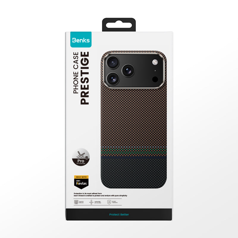 Apple iPhone 17 Pro Kılıf M-safe Şarj Özellikli Karbon Fiber Tasarımlı Benks Prestige ArmorPro Kevlar Kapak Gold