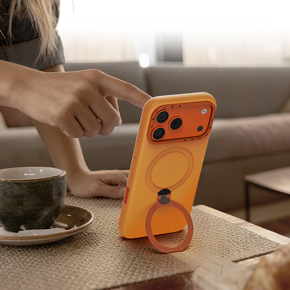 Apple iPhone 17 Pro Kılıf M-safe Şarj Özellikli Metal Standlı Sıvı Silikon Lenyes CK223 Kapak Turuncu
