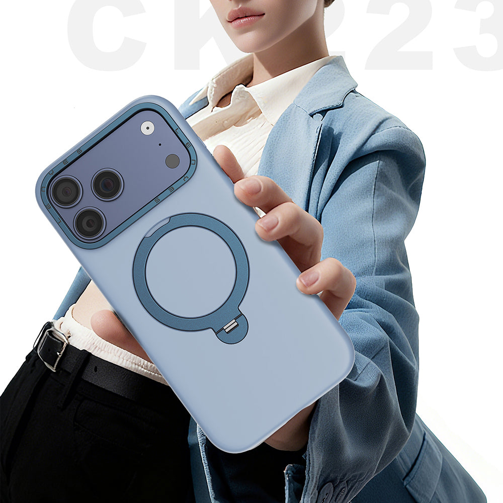 Apple iPhone 17 Pro Kılıf M-safe Şarj Özellikli Metal Standlı Sıvı Silikon Lenyes CK223 Kapak Mavi