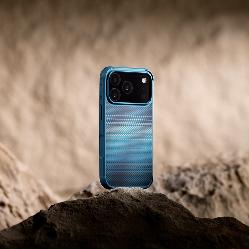 Apple iPhone 17 Pro Kılıf M-safe Şarj Özellikli Pitaka Tactile Woven Sunset-Moonrise Aramid Pro Guard Serisi Kapak Mavi
