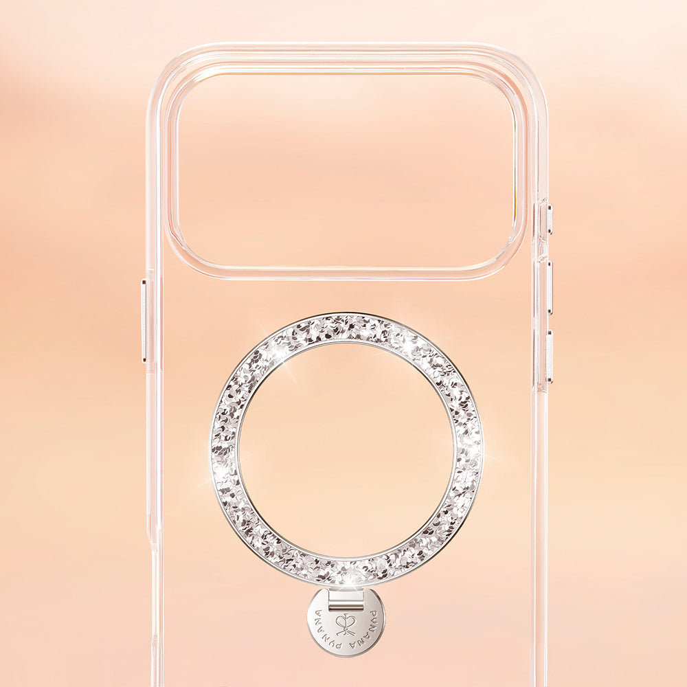 Apple iPhone 17 Pro Kılıf M-safe Şarj Özellikli Simli Standlı Pynana Dancing Circle Trendy Serisi Kapak Gümüş