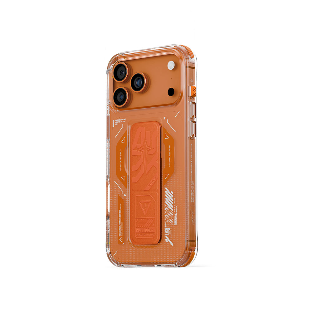 Apple iPhone 17 Pro Kılıf M-safe Şarj Özellikli Teknoloji Desenli Skinarma Helio Mag Charge Standlı Kapak Turuncu