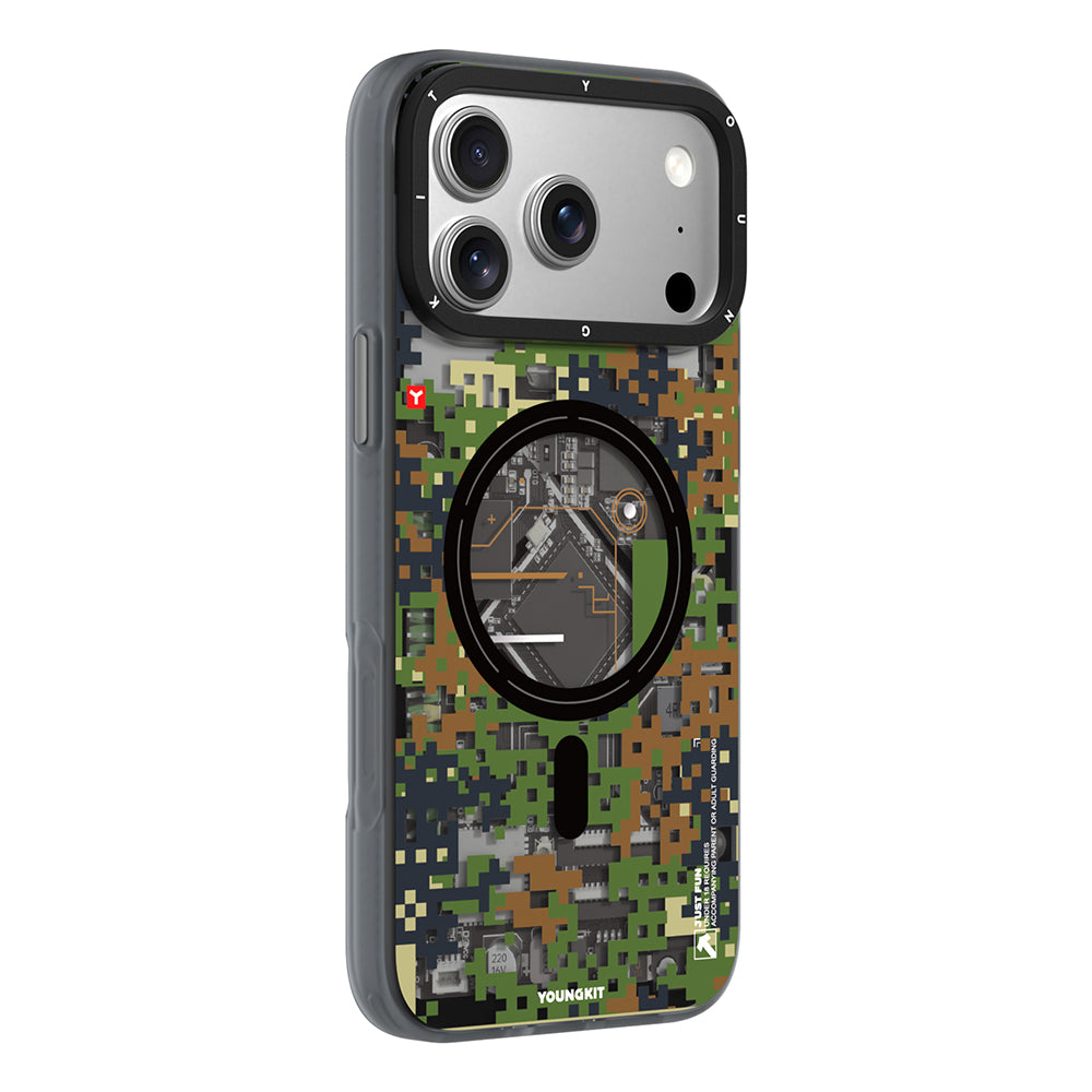 Apple iPhone 17 Pro Kılıf M-Safe Şarj Özellikli Youngkit Camouflage Sykell Serisi Kapak Yeşil
