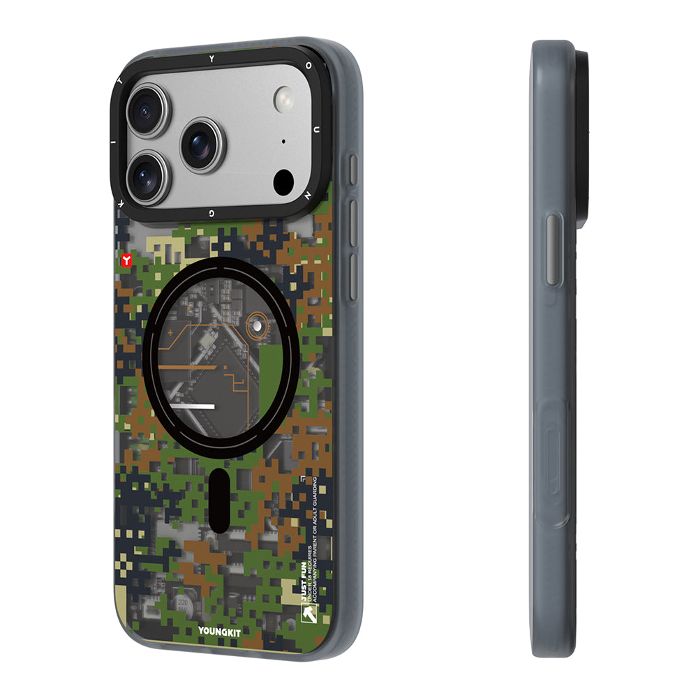 Apple iPhone 17 Pro Kılıf M-Safe Şarj Özellikli Youngkit Camouflage Sykell Serisi Kapak Yeşil
