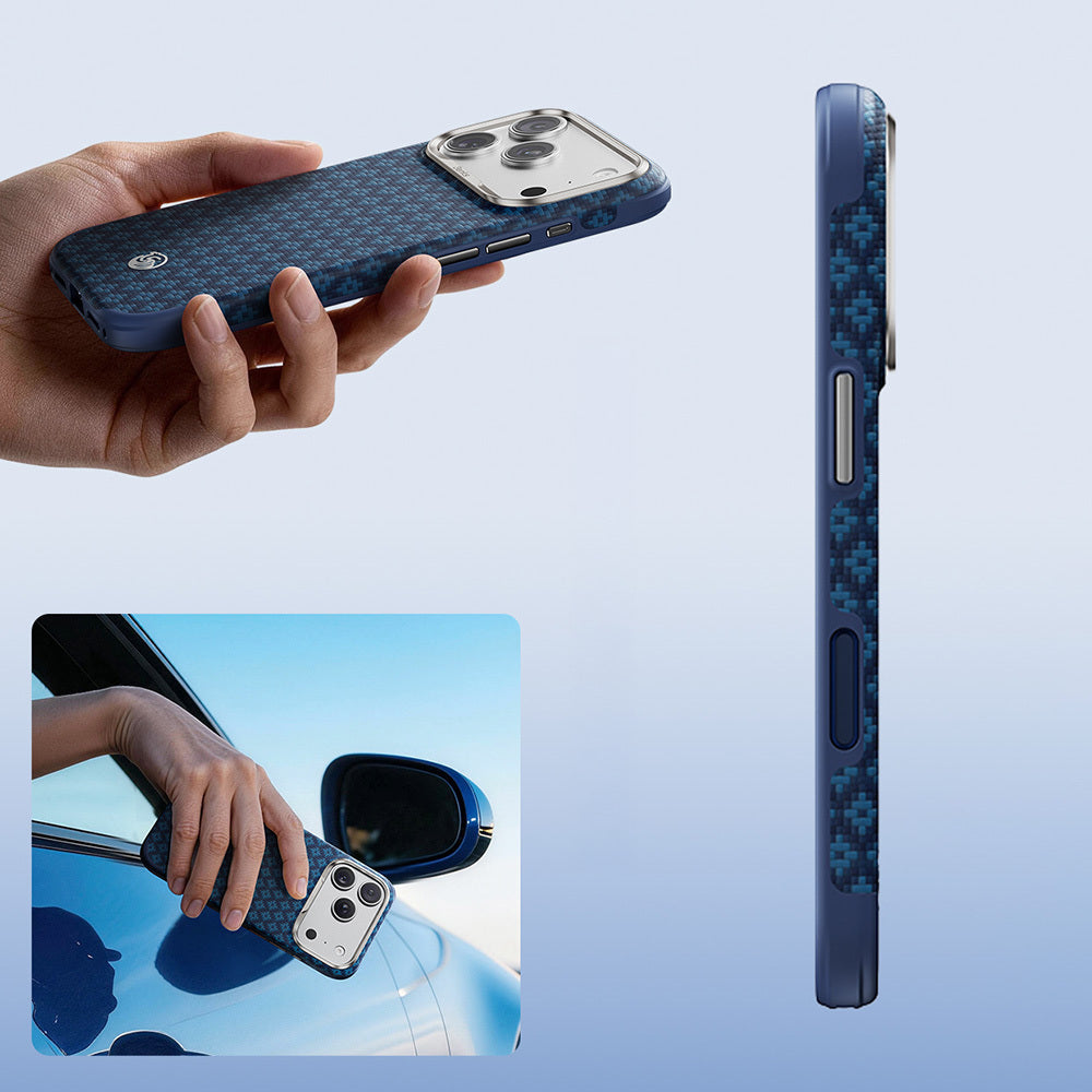 Apple iPhone 17 Pro Kılıf M-Safe Şarj Özellikli Yükseltilmiş Kamera Çerçeveli Benks ArmorGrid ArmorEdge X9 Serisi Kevlar Karbon Kapak Lacivert