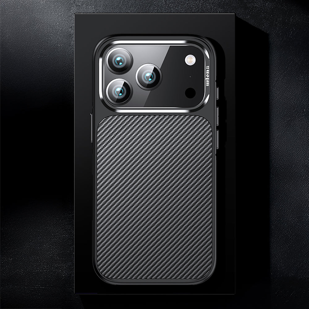 Apple iPhone 17 Pro Kılıf Mat Transparan Karbon Fiber Görünümlü Wlons Marin Kapak Siyah
