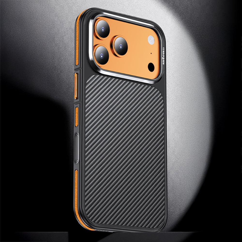 Apple iPhone 17 Pro Kılıf Mat Transparan Karbon Fiber Görünümlü Wlons Marin Kapak Turuncu