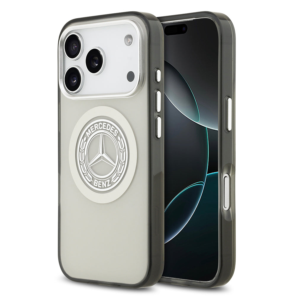 Apple iPhone 17 Pro Kılıf Mercedes Benz Orjinal Lisanslı M-safe Şarj Özellikli Çift Katmanlı PC Nostaljik Yıldız Dizayn Kapak Gri