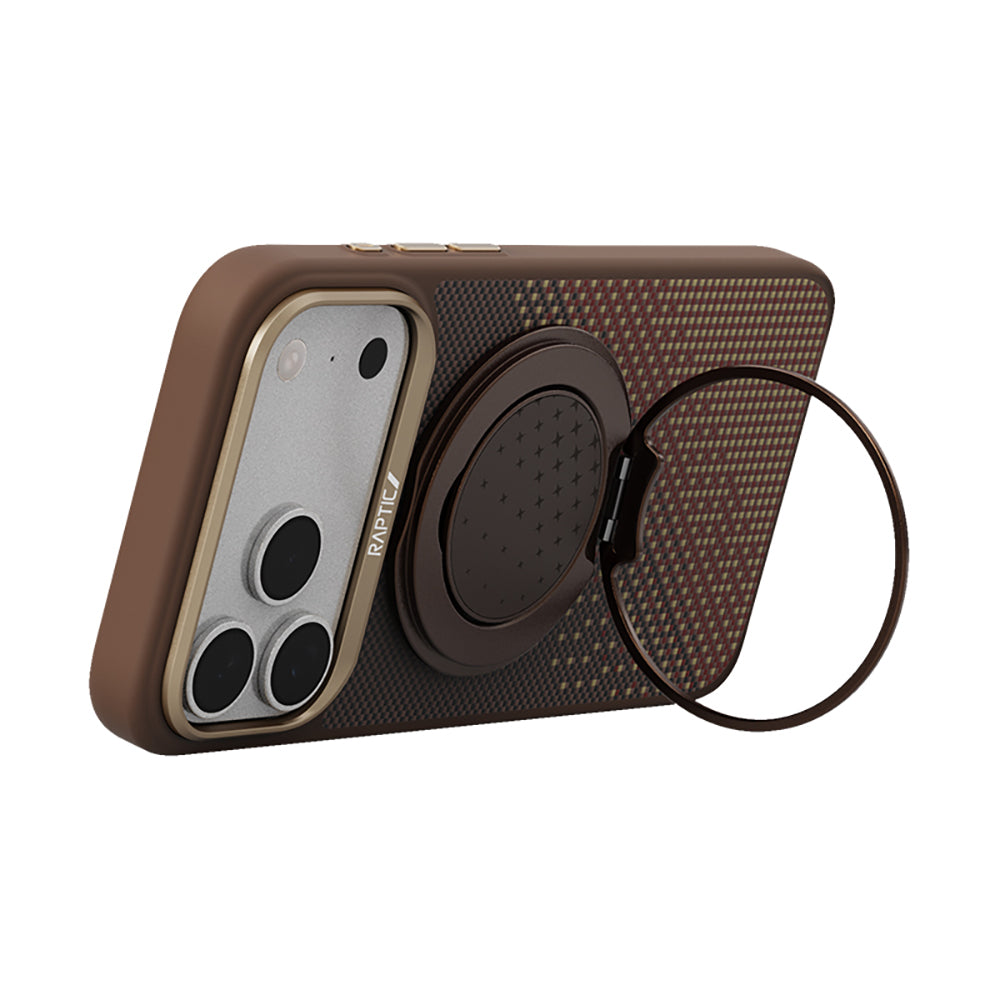 Apple iPhone 17 Pro Kılıf Raptic 2in1 Bundle Kit Aramid Skin Serenity Serisi Stand ve Kapak Kahverengi