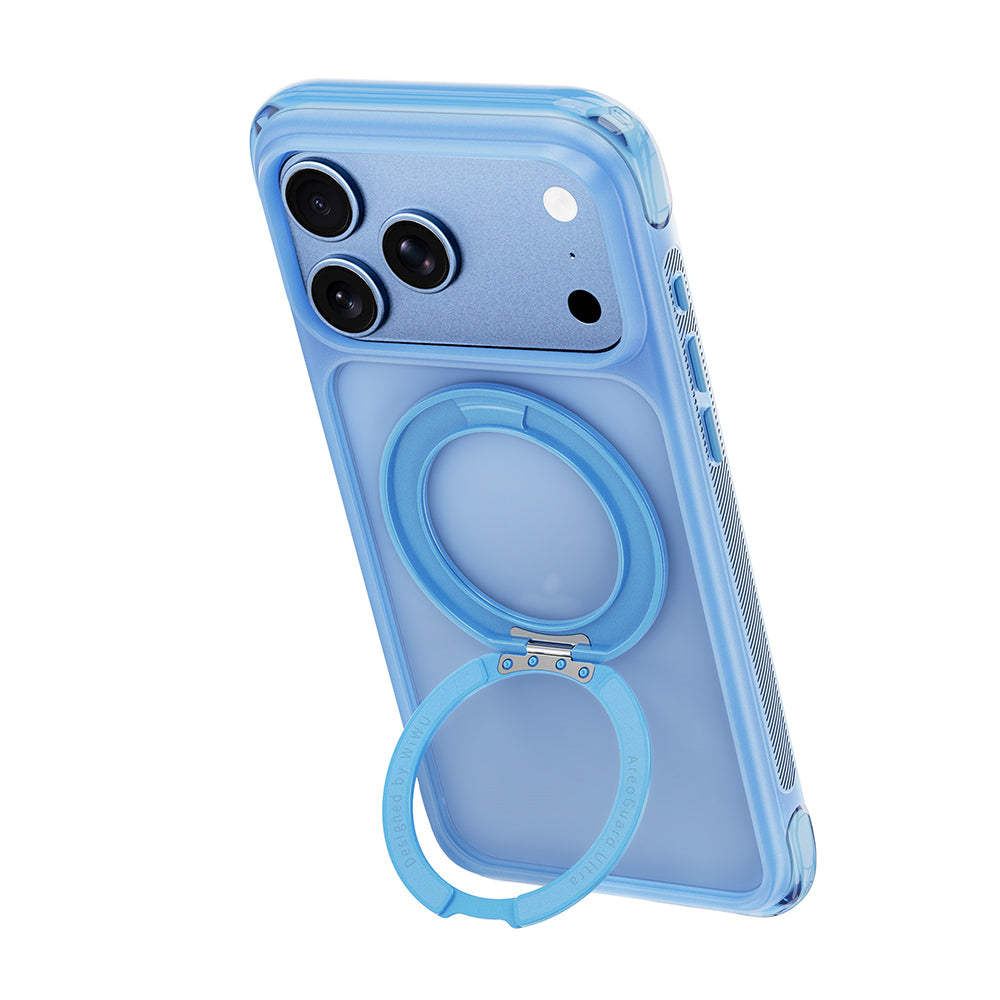 Apple iPhone 17 Pro Kılıf Wiwu AG-203 AeroGuard Ultra Serisi M-safe Şarj Özellikli Airbag Tasarımlı Standlı Kapak Açık Mavi