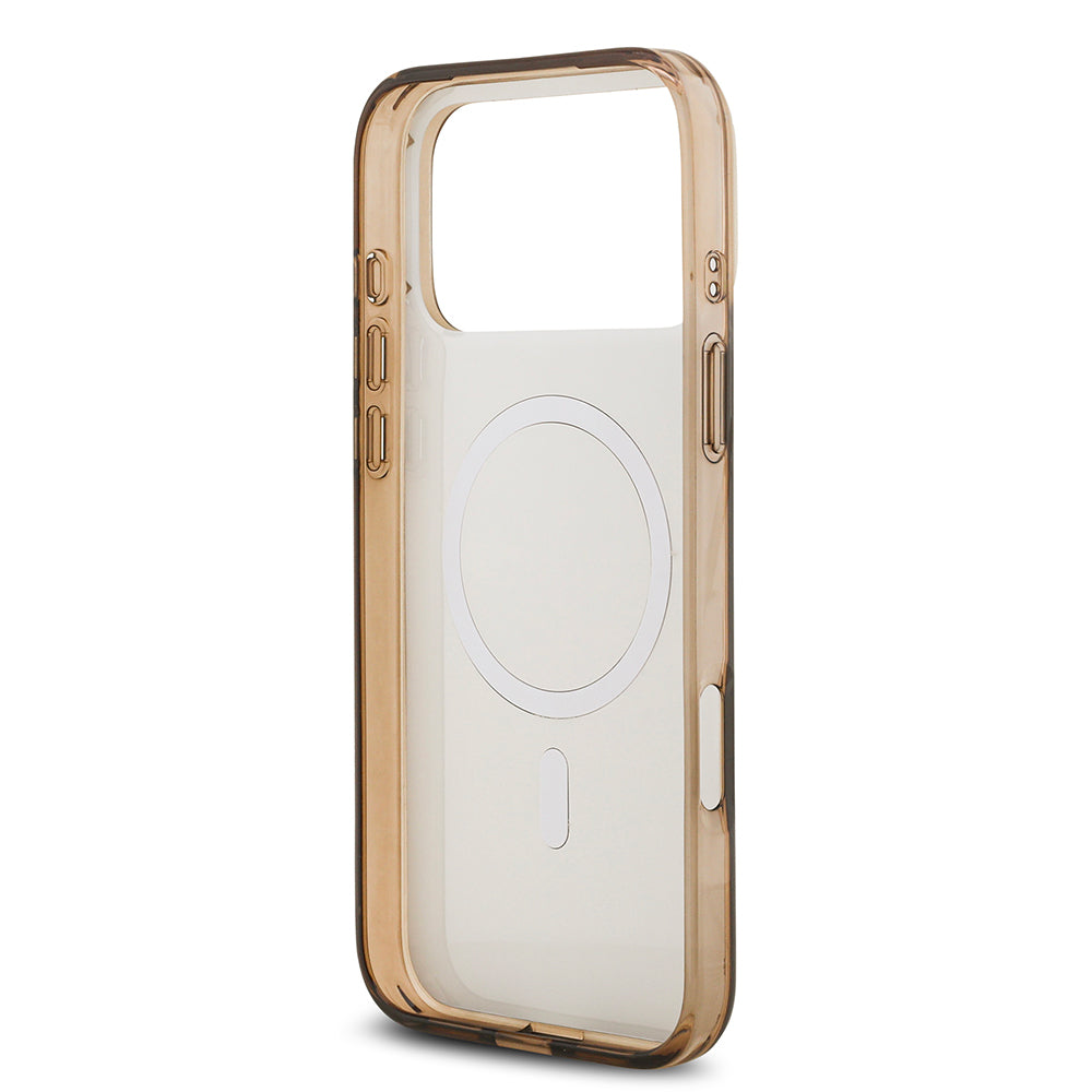 Apple iPhone 17 Pro Max Kılıf Guess Orjinal Lisanslı M-safe Şarj Özellikli IML Baskılı Klasik Logolu 4G Desenli Kapak Kahverengi