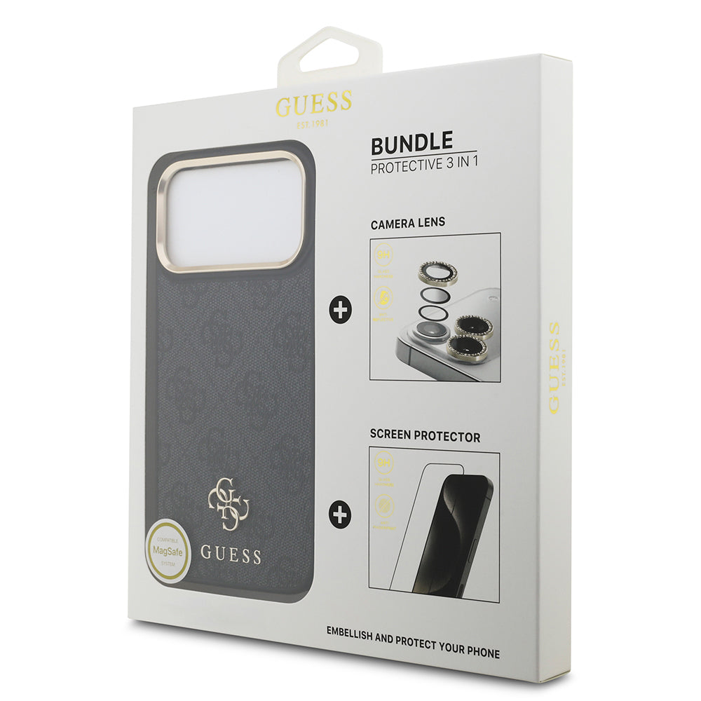 Apple iPhone 17 Pro Max Guess Orjinal Lisanslı 4G ve Yazı Logolu Kılıf + Ekran Koruyucu + Lens Koruyucu 3in1 Aksesuar Seti Siyah