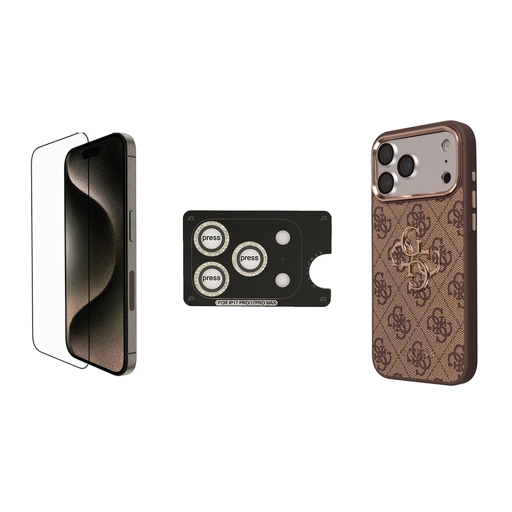 Apple iPhone 17 Pro Max Guess Orjinal Lisanslı Büyük 4G ve Yazı Logolu Kılıf + Ekran Koruyucu + Lens Koruyucu 3in1 Aksesuar Seti Kahverengi