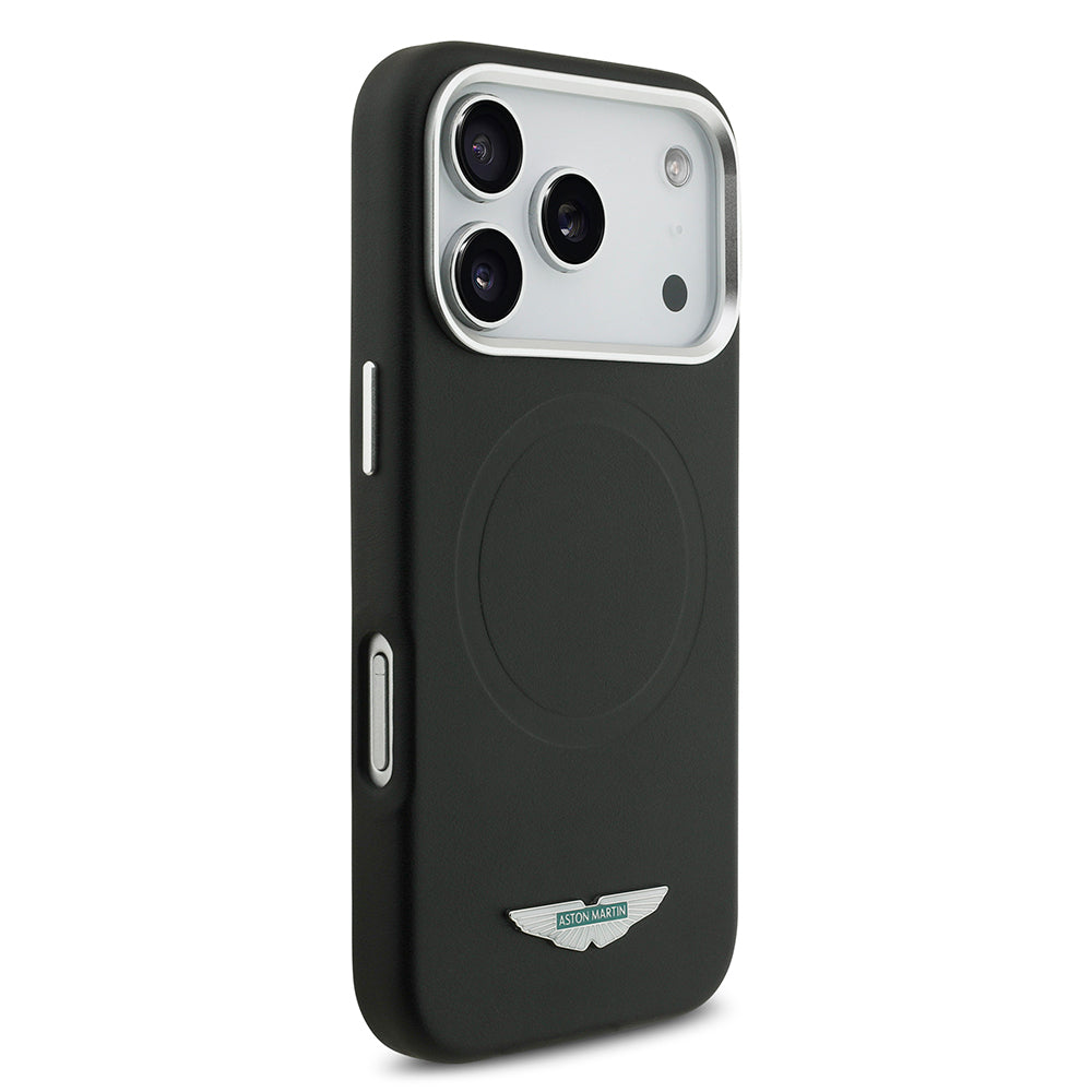 Apple iPhone 17 Pro Max Kılıf Aston Martin Orjinal Lisanslı M-safe Şarj Özellikli Metal Logolu PU Deri Kapak Siyah