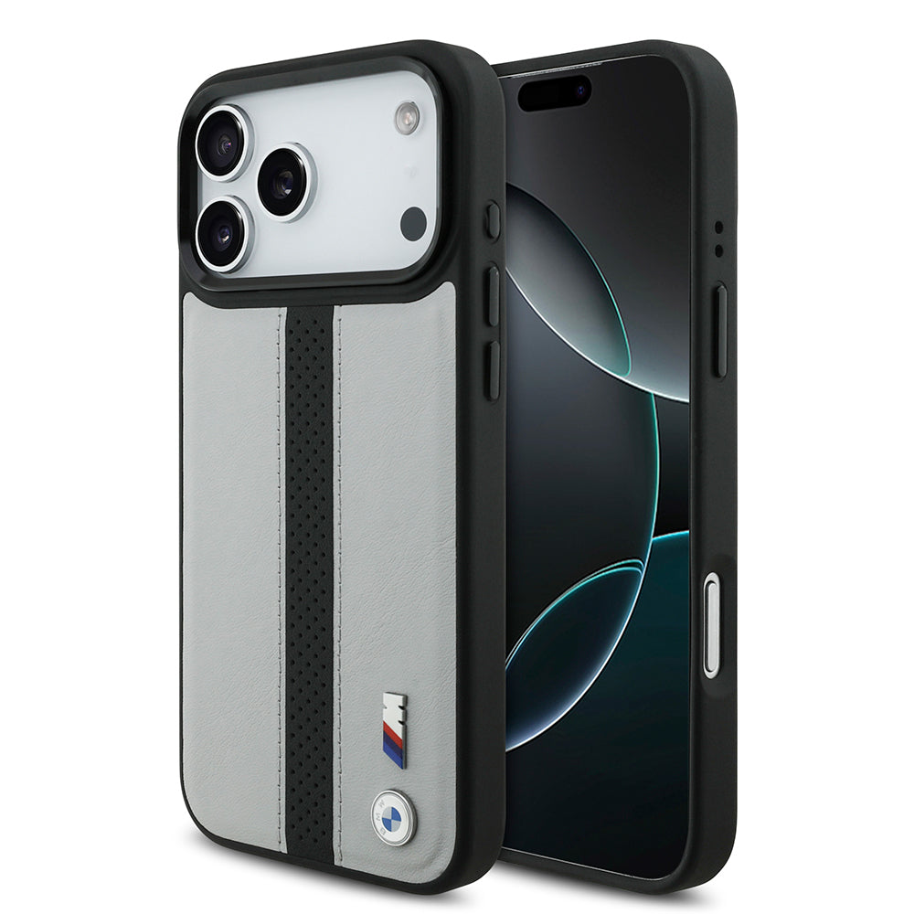 Apple iPhone 17 Pro Max Kılıf BMW Orjinal Lisanslı M-safe Şarj Özellikli Deri Arka Yüzey Metal Logolu Delikli Şerit Tasarımlı Kapak Gri