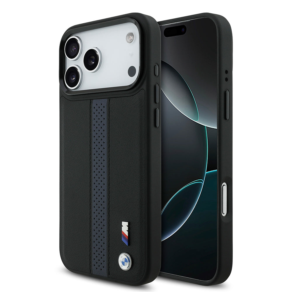 Apple iPhone 17 Pro Max Kılıf BMW Orjinal Lisanslı M-safe Şarj Özellikli Deri Arka Yüzey Metal Logolu Delikli Şerit Tasarımlı Kapak Mavi