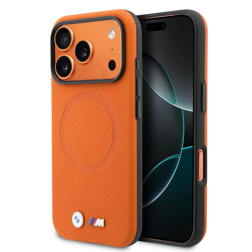Apple iPhone 17 Pro Max Kılıf BMW Orjinal Lisanslı M-safe Şarj Özellikli Halka Tasarımlı M Logolu PU Deri Kapak Turuncu