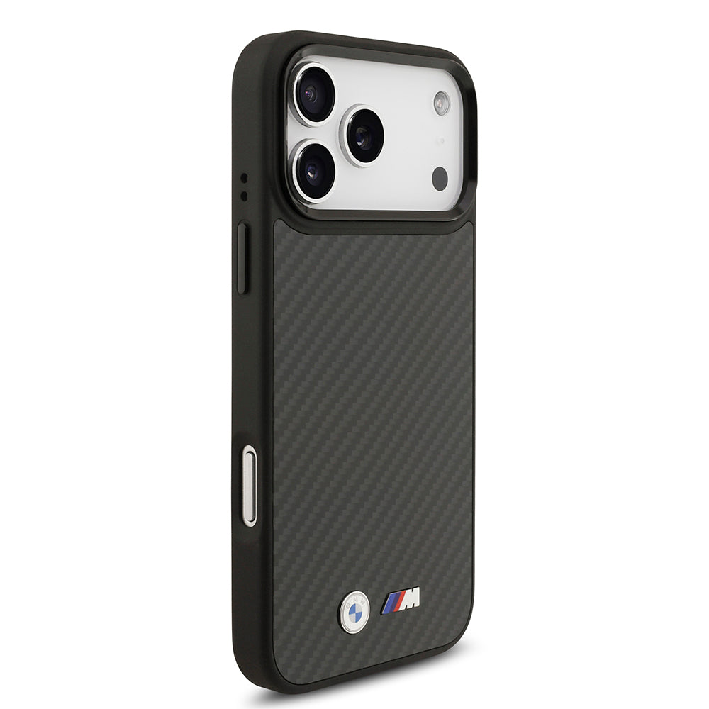 Apple iPhone 17 Pro Max Kılıf BMW Orjinal Lisanslı M-safe Şarj Özellikli Karbon Fiber Metal Logolu Kevlar Kapak Siyah