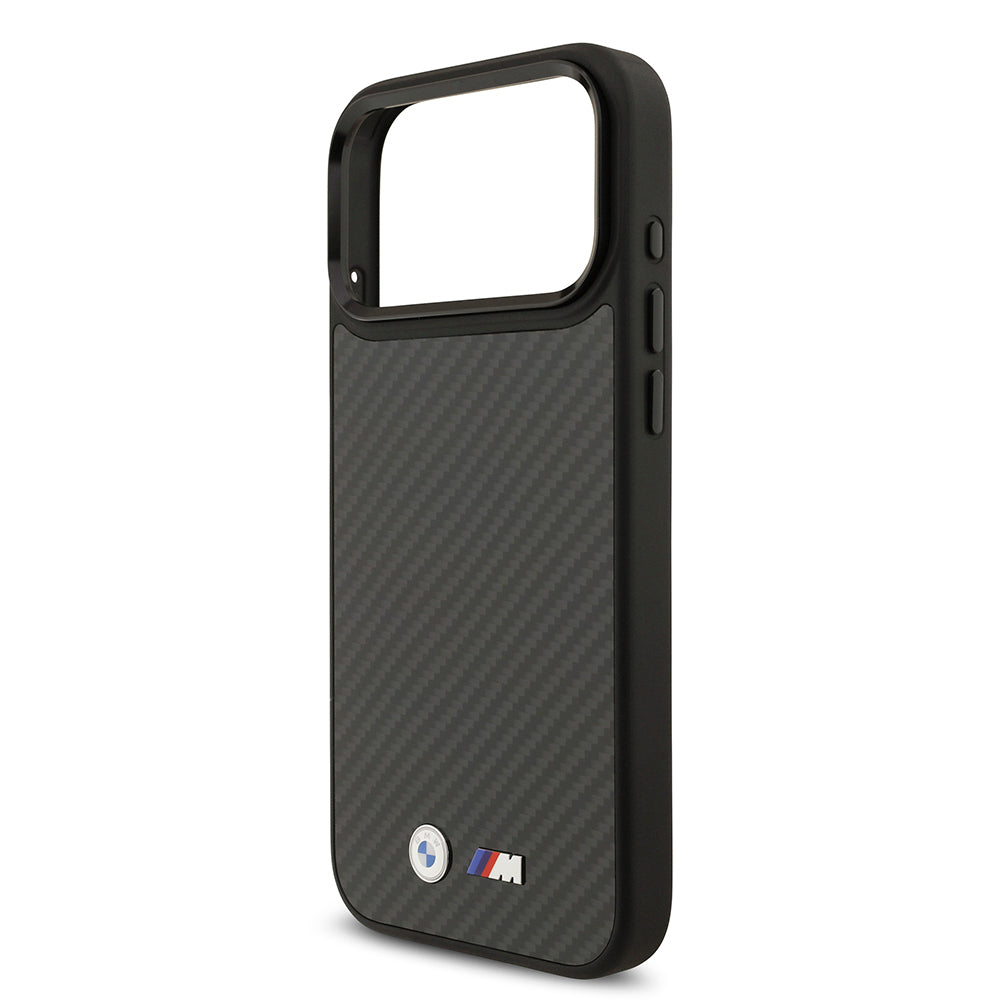 Apple iPhone 17 Pro Max Kılıf BMW Orjinal Lisanslı M-safe Şarj Özellikli Karbon Fiber Metal Logolu Kevlar Kapak Siyah