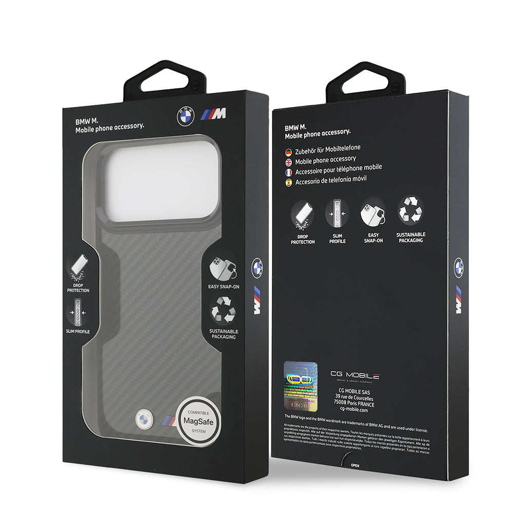 Apple iPhone 17 Pro Max Kılıf BMW Orjinal Lisanslı M-safe Şarj Özellikli Karbon Fiber Metal Logolu Kevlar Kapak Siyah