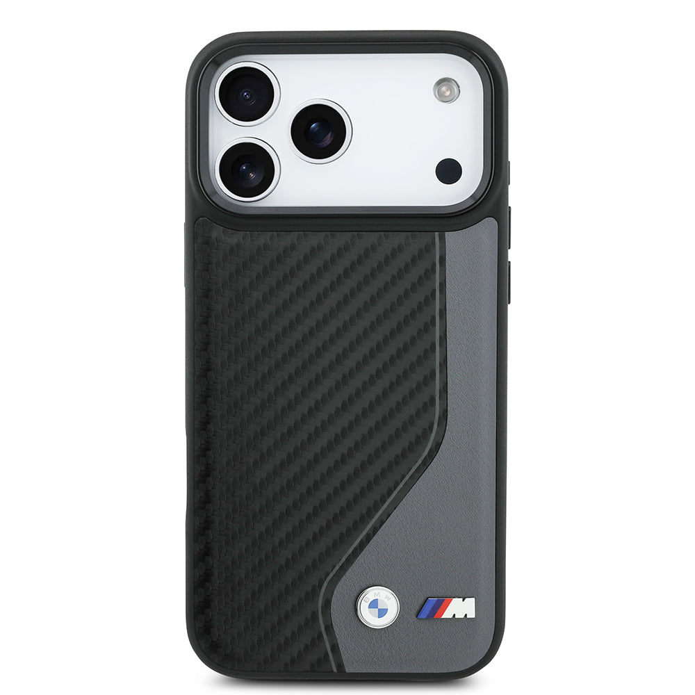 Apple iPhone 17 Pro Max Kılıf BMW Orjinal Lisanslı M-safe Şarj Özellikli Metal BMW ve M Logolu PU Karbon Tasarımlı Kapak Siyah