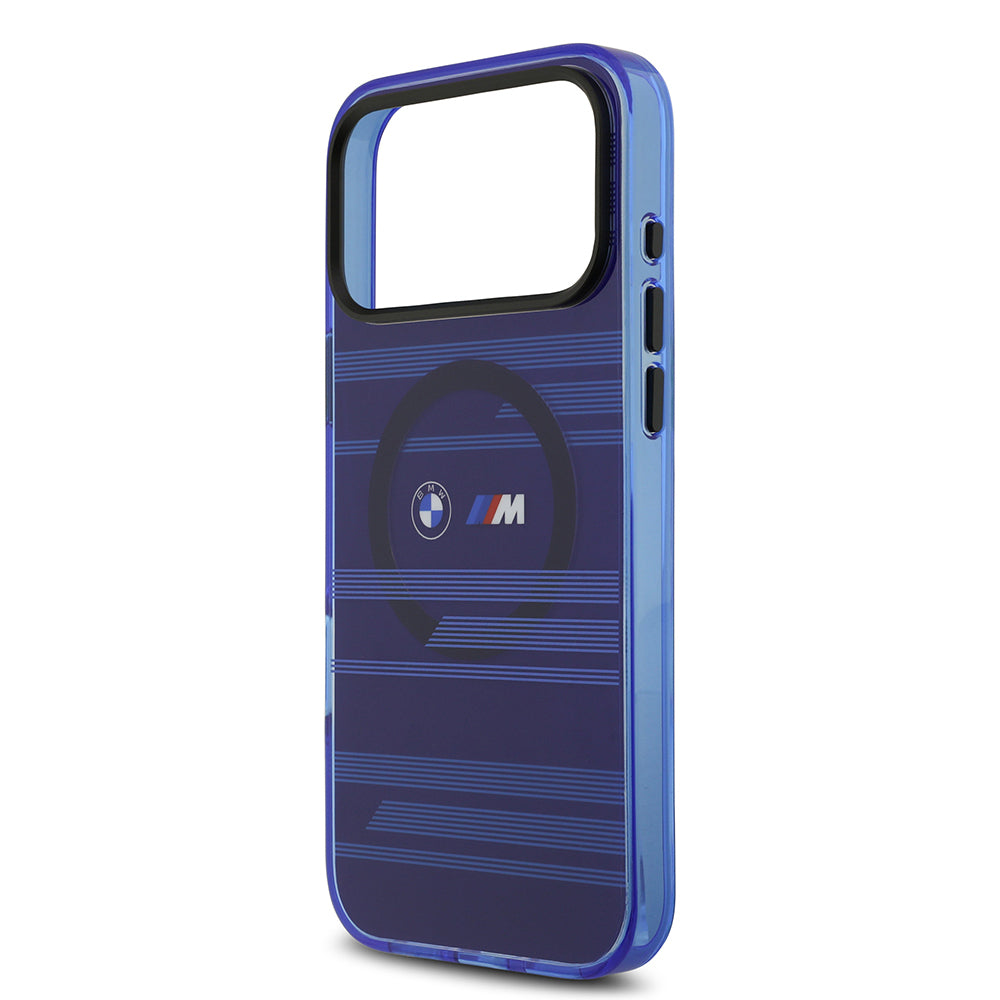 Apple iPhone 17 Pro Max Kılıf BMW Orjinal Lisanslı M-safe Şarj Özellikli Metal Kamera Butonlu Yatay Şeritli M Dizayn Kapak Mavi