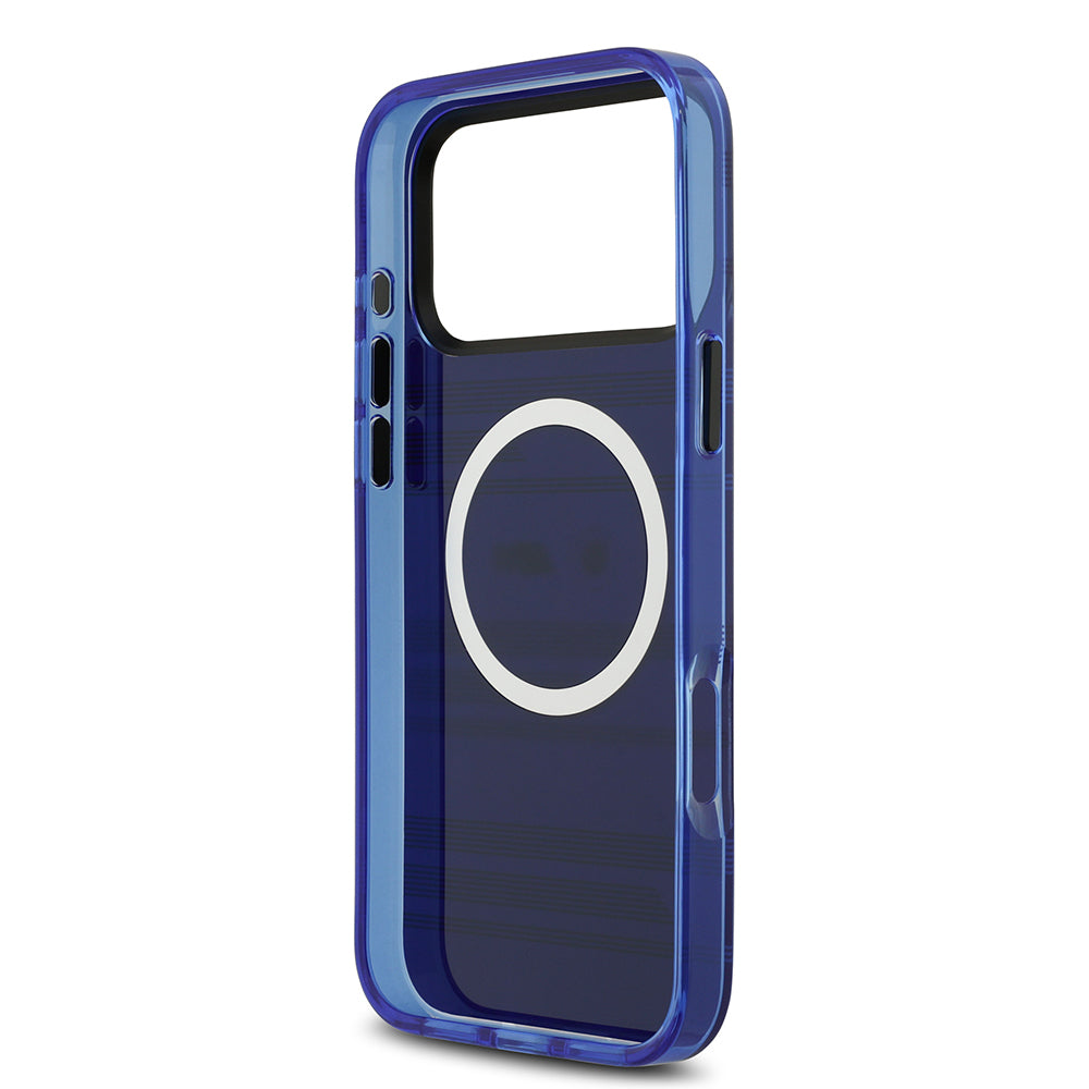 Apple iPhone 17 Pro Max Kılıf BMW Orjinal Lisanslı M-safe Şarj Özellikli Metal Kamera Butonlu Yatay Şeritli M Dizayn Kapak Mavi