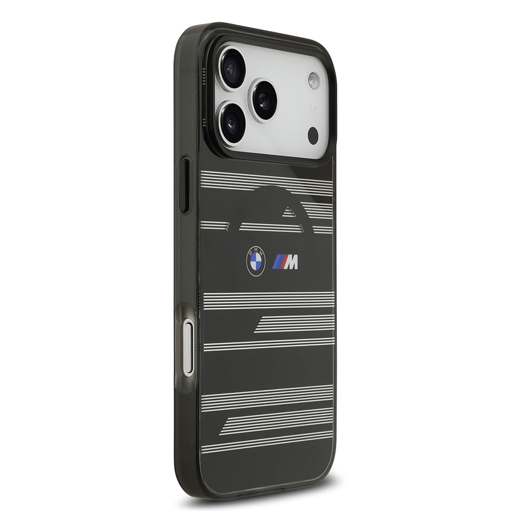 Apple iPhone 17 Pro Max Kılıf BMW Orjinal Lisanslı M-safe Şarj Özellikli Metal Kamera Butonlu Yatay Şeritli M Dizayn Kapak Siyah