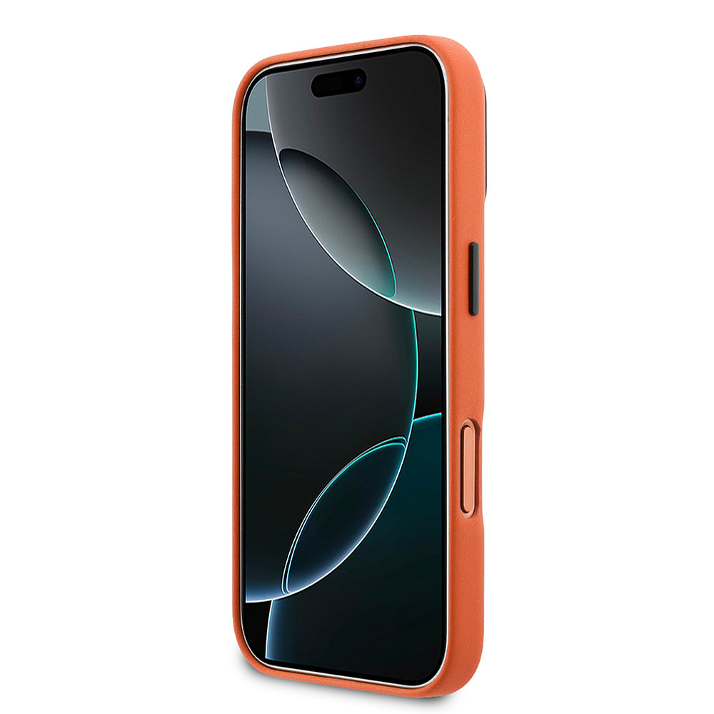 Apple iPhone 17 Pro Max Kılıf BMW Orjinal Lisanslı M-safe Şarj Özellikli Standlı Metal Kamera Çerçeveli M Logolu PU Deri Kapak Turuncu