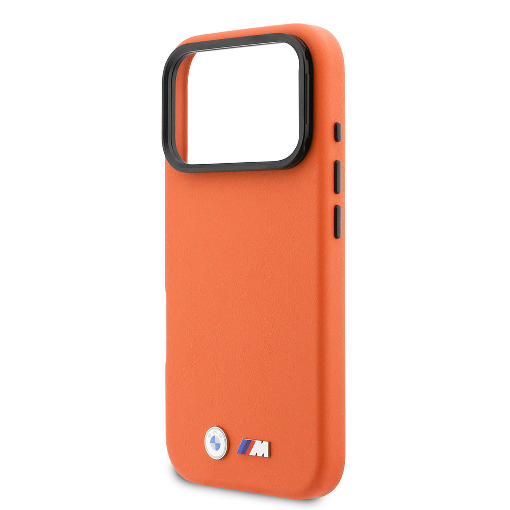 Apple iPhone 17 Pro Max Kılıf BMW Orjinal Lisanslı M-safe Şarj Özellikli Standlı Metal Kamera Çerçeveli M Logolu PU Deri Kapak Turuncu